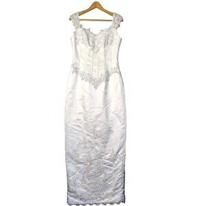 White Wedding Dress; Beaded Lace and Satin combination Mermaid Fitted Size 10
